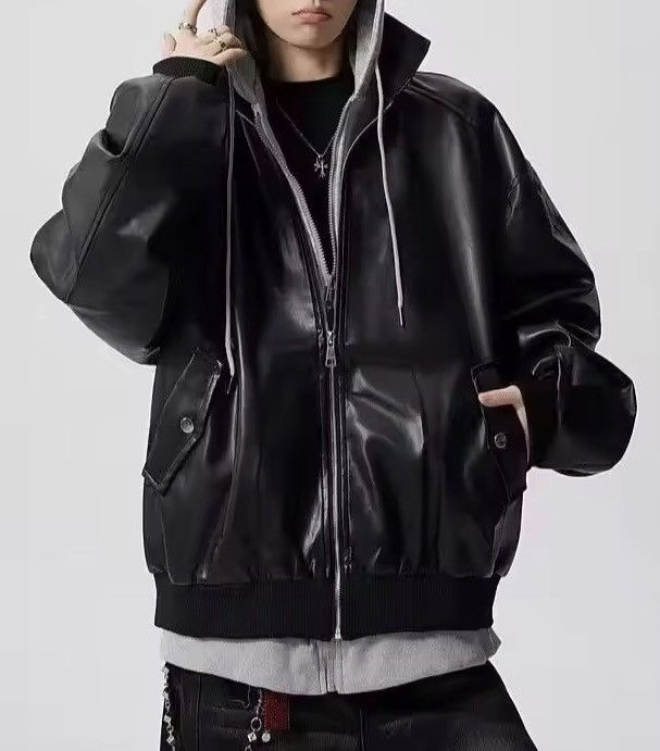 Japanese Brand Fake Two-Piece Double Zipper Leather Bomber - Black/Grey Size US XXL / EU 58 / 5 - 8 Thumbnail