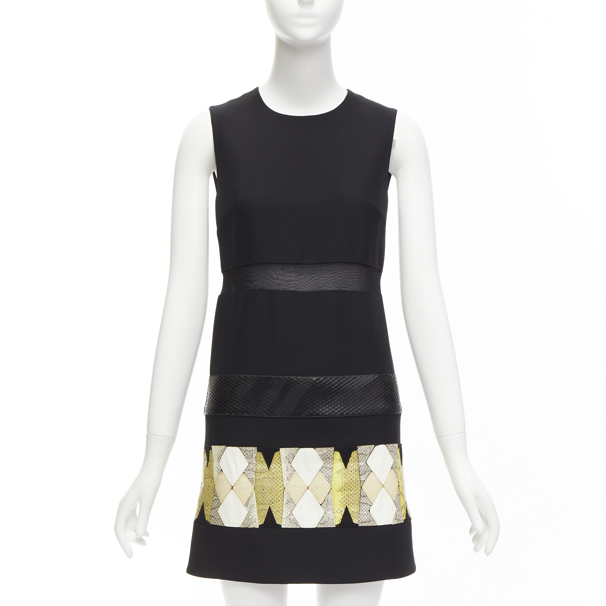 image of Versace 2014 Black Scaled Leather Patchwork Sheer Panel Mod Mini Shift Dress, Women's (Size Small)