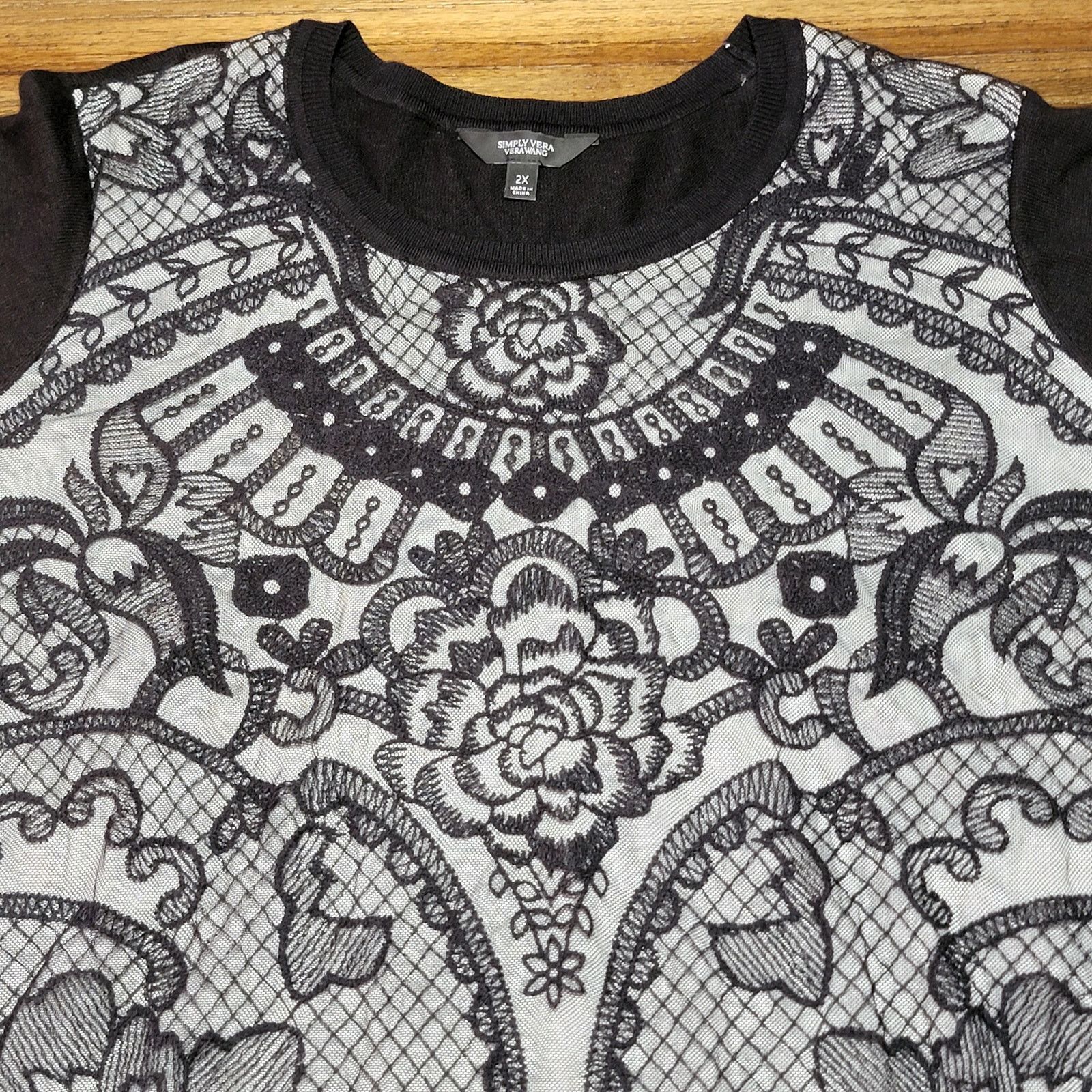 Vera Wang Vera Wang LS Lightweight Sweater Blouse w/ Lace Overlay - 2X Size XXL / US 16-18 / IT 52-54 - 2 Thumbnail