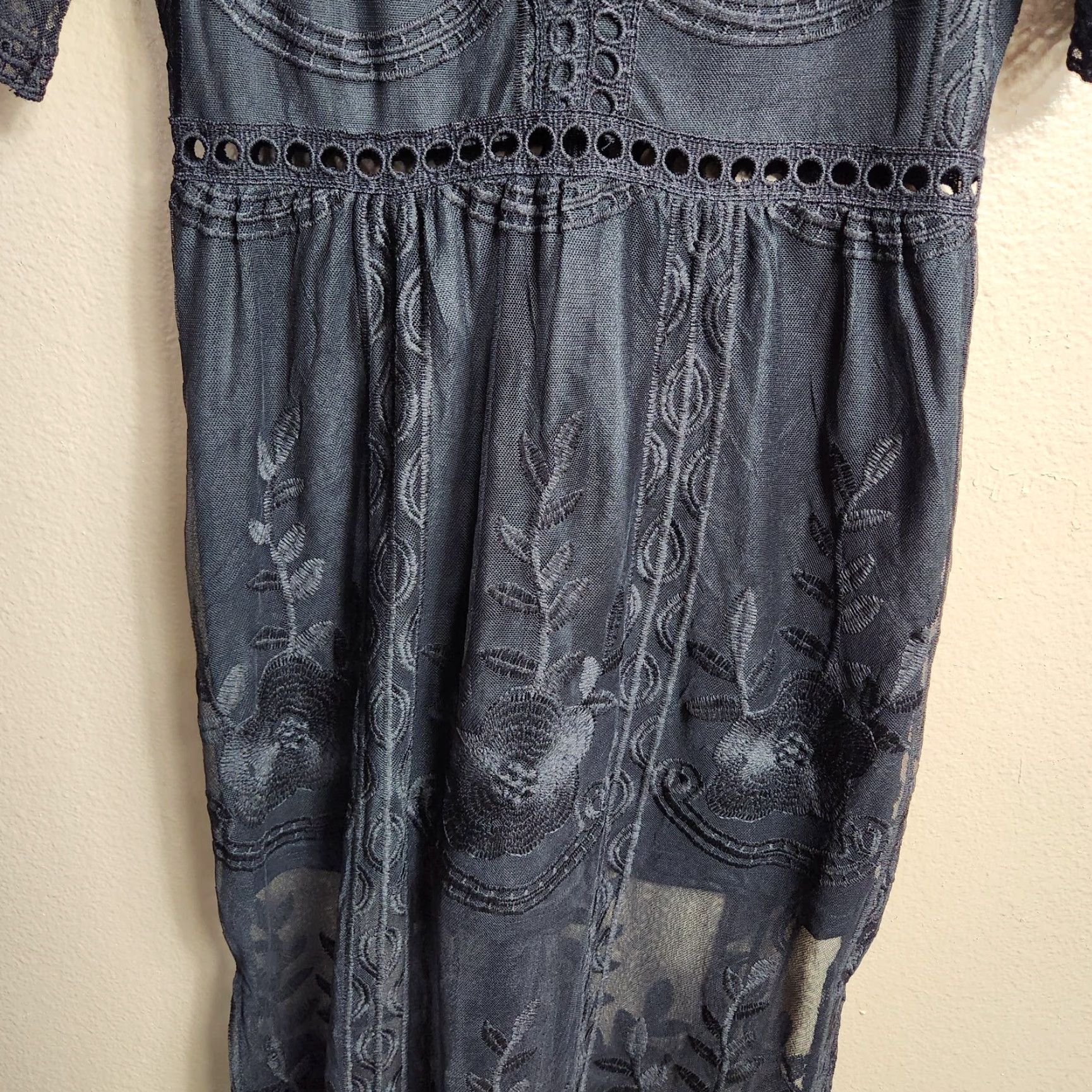 Vintage Eleter Womens Black Deep V-Neck Lace Romper Short Sleeve Long Dress-Size S Size 28" / US 6 / IT 42 - 7 Thumbnail