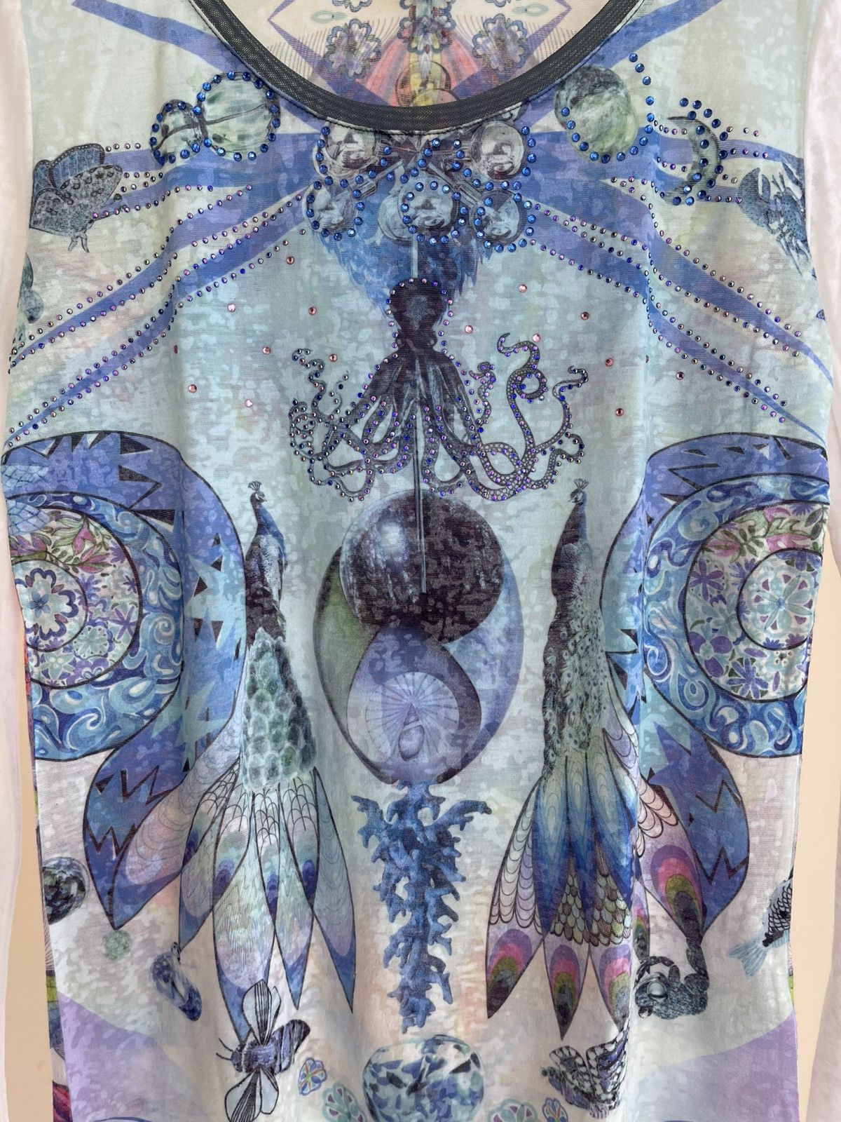 Custo Barcelona Octopus Abstract Print Viscose Mesh Long Sleeve Top T-Shirt Size M / US 6-8 / IT 42-44 - 4 Thumbnail