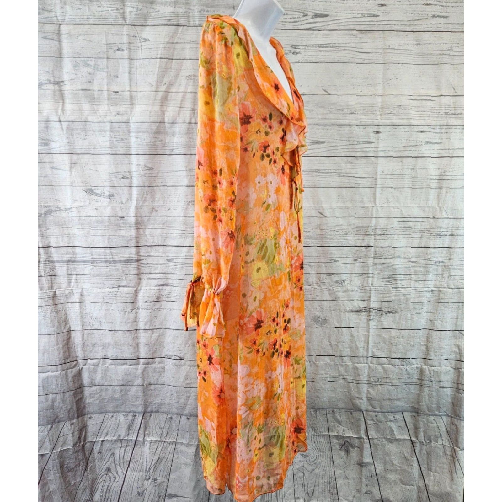 Vintage Wild Fable Blouse Duster 2XS Womens Orange Pink Floral Tie Front Sheer Long Sleeve Size XXS / US 00 / IT 34 - 3 Thumbnail