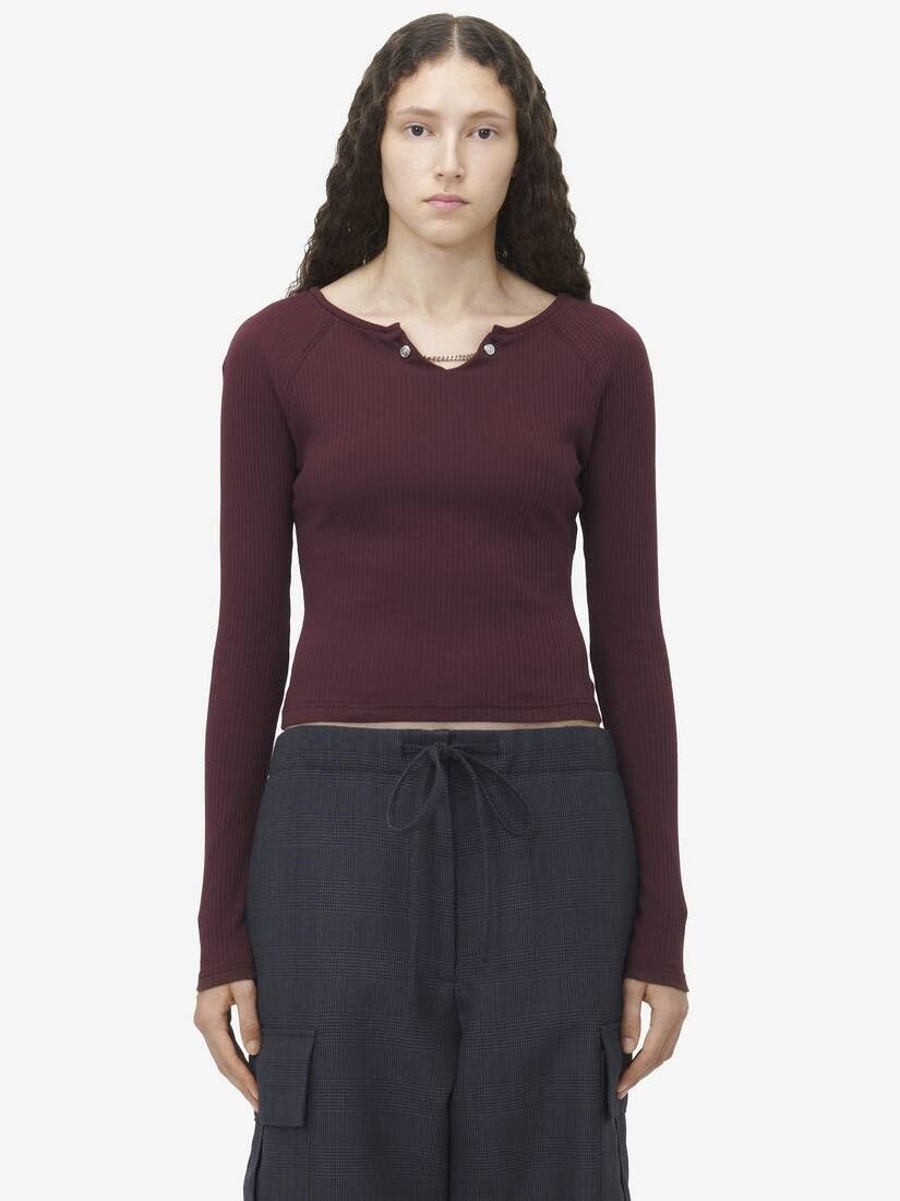 Alexander McQueen o1srvl11e0226 Chain Detail Ribbed Top In Burgundy Size XL / US 12-14 / IT 48-50 - 2 Thumbnail