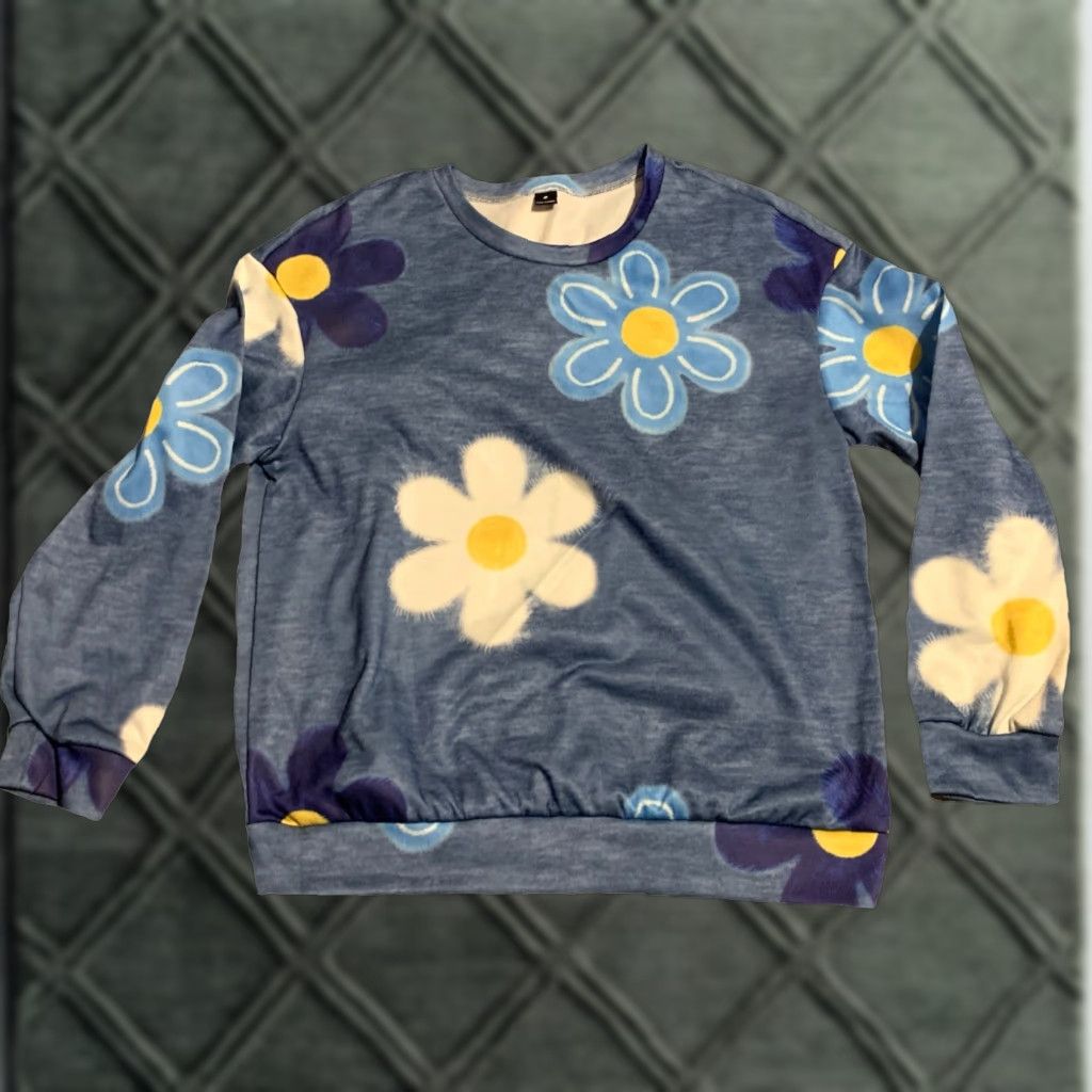 Vintage Daisy blue floral Pullover Sweatshirt - Mug Daisy Regular Length Long Sleeve Crew Neck Lightweight 100% Polyester Women M blue Size M / US 6-8 / IT 42-44 - 1 Thumbnail