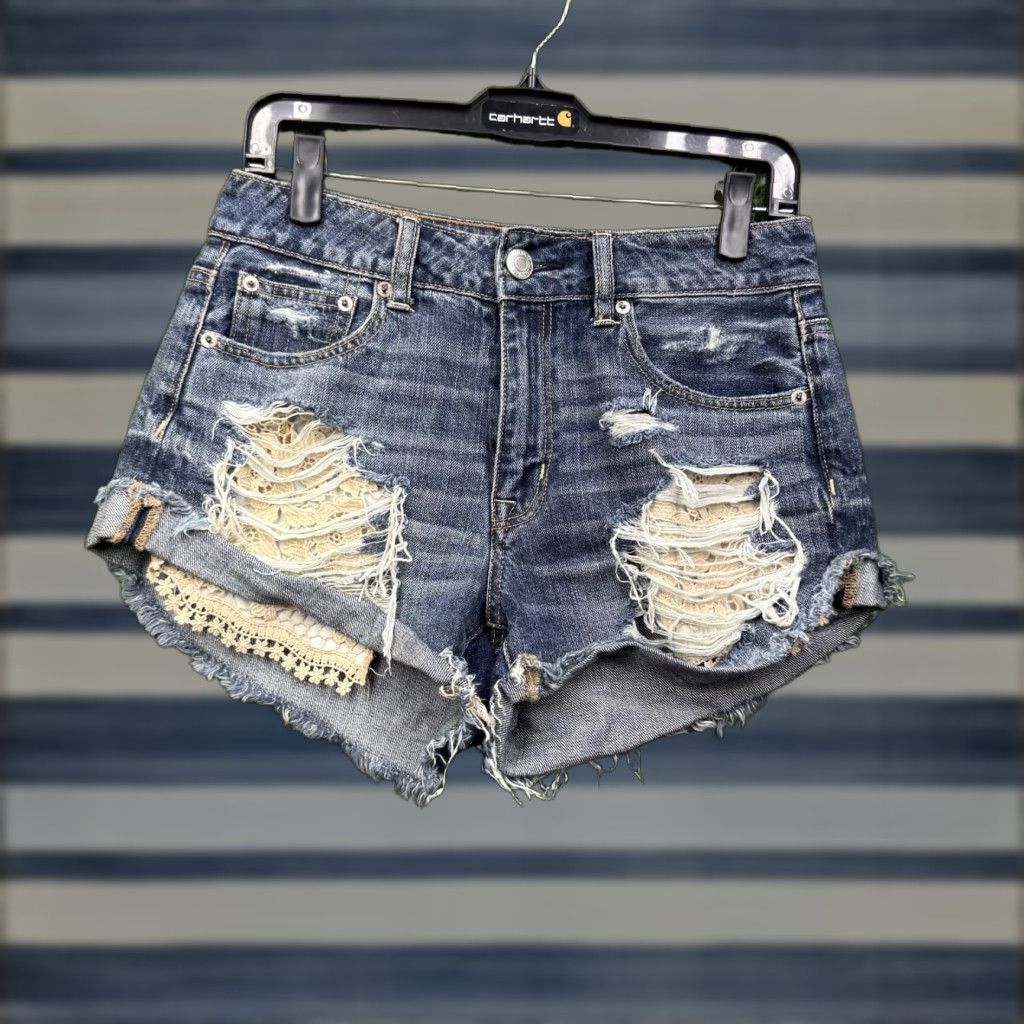 American Eagle Outfitters American Eagle Outfitters Jeans Adult 4 Blue Hi Rise Distressed Lace Festival Womens Size 27" / US 4 / IT 40 - 1 Thumbnail