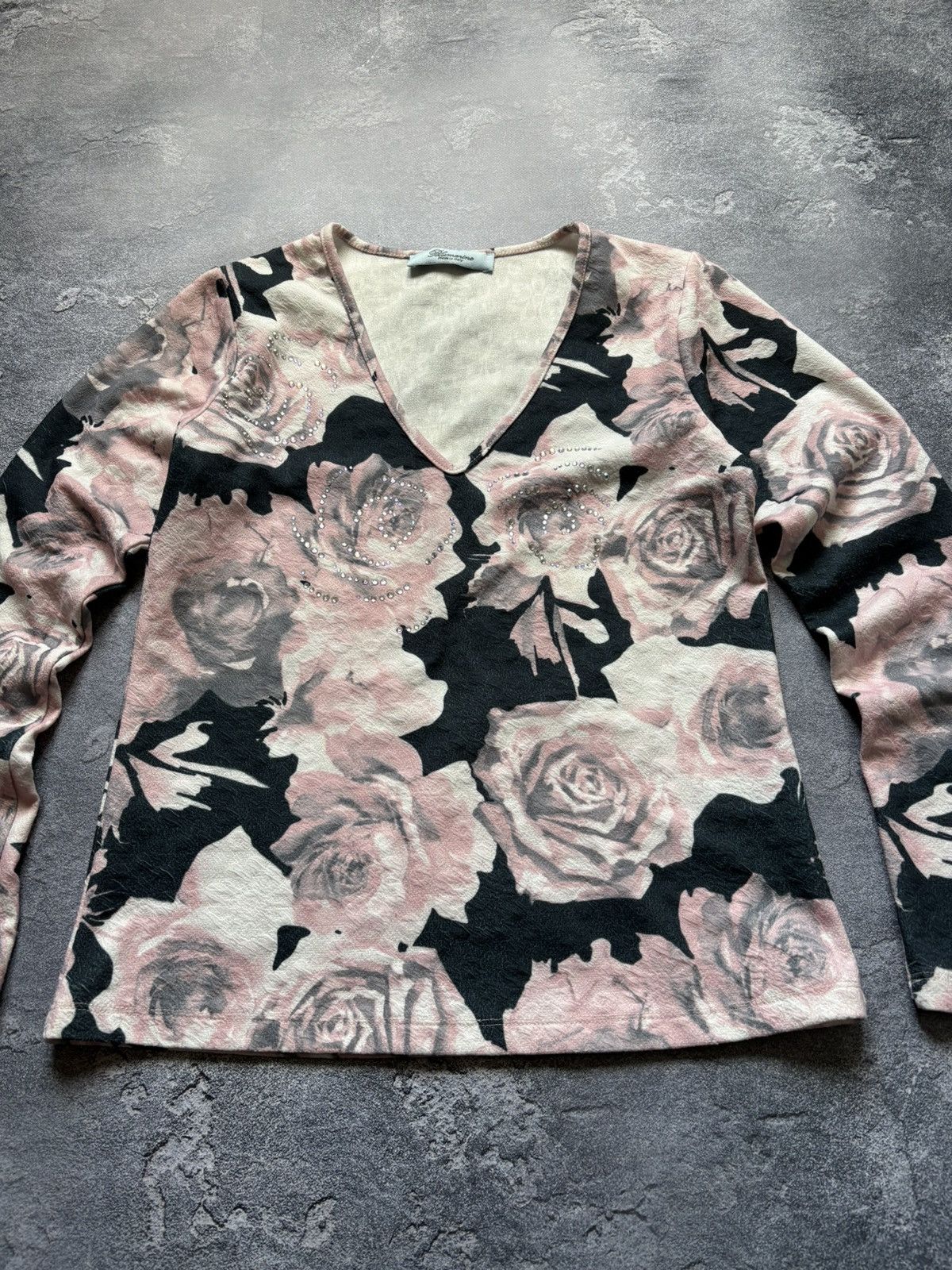 Blumarine Blumarine Floral Rose Rhinestones V-Neck Long Sleeve Top Size L / US 10 / IT 46 - 4 Thumbnail