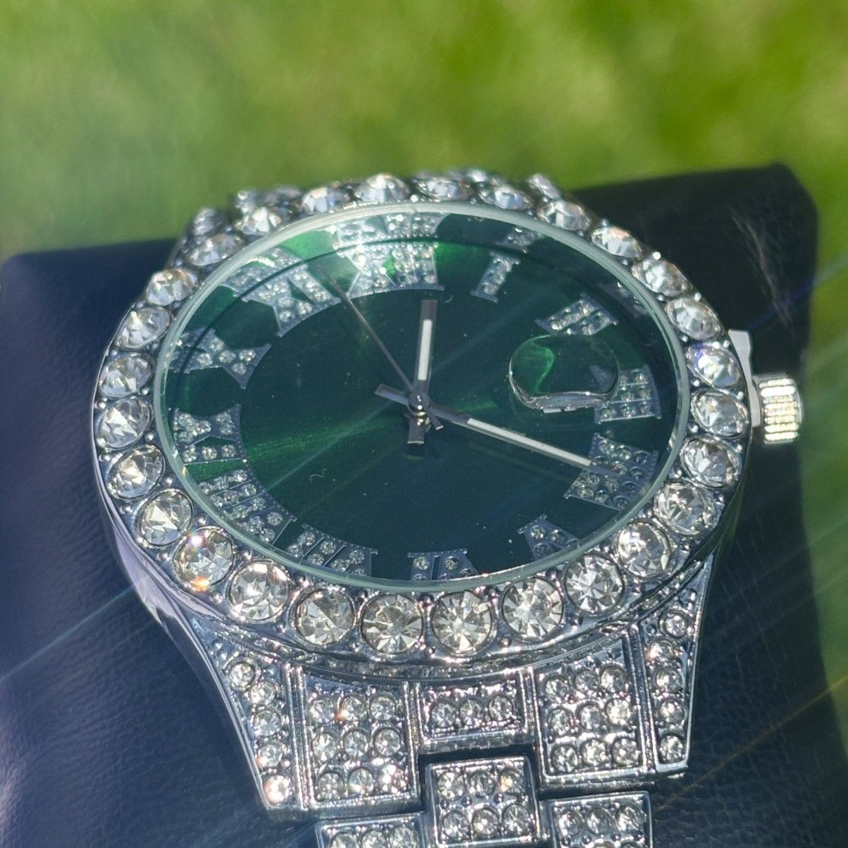 Other Iced Out Watch Presidential Style Green Face Size ONE SIZE - 4 Thumbnail