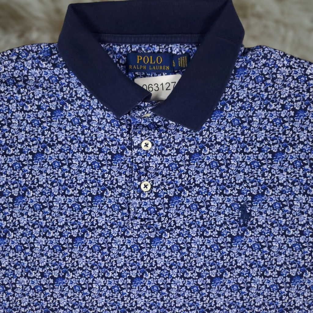 Ralph Lauren Polo Shirt Mens Large Blue Floral Casual Short Sleeve Modern Preppy