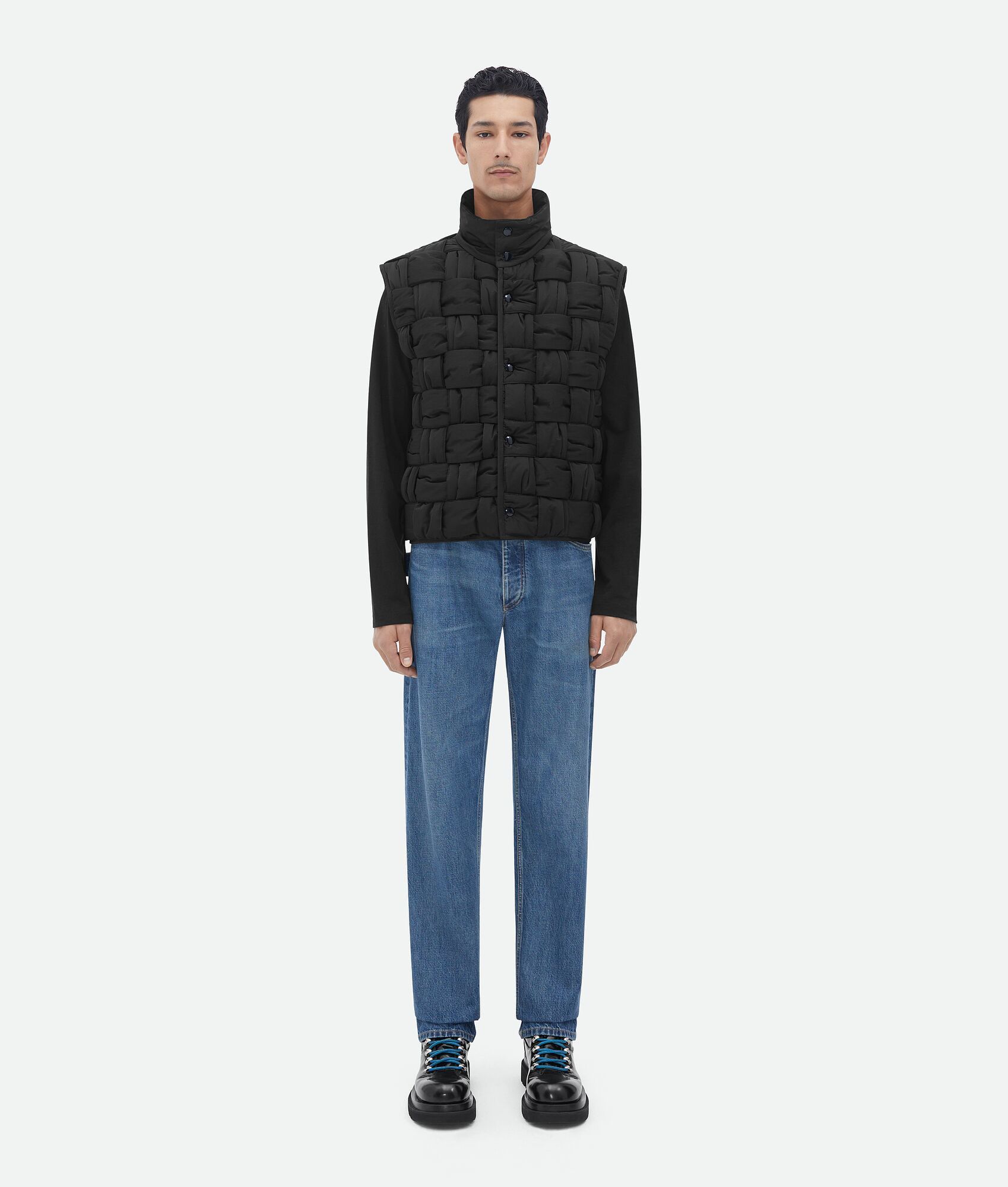 image of Bottega Veneta O1Loc1C0324 Padded Nylon Intreccio Gilet In Black, Men's (Size Medium)