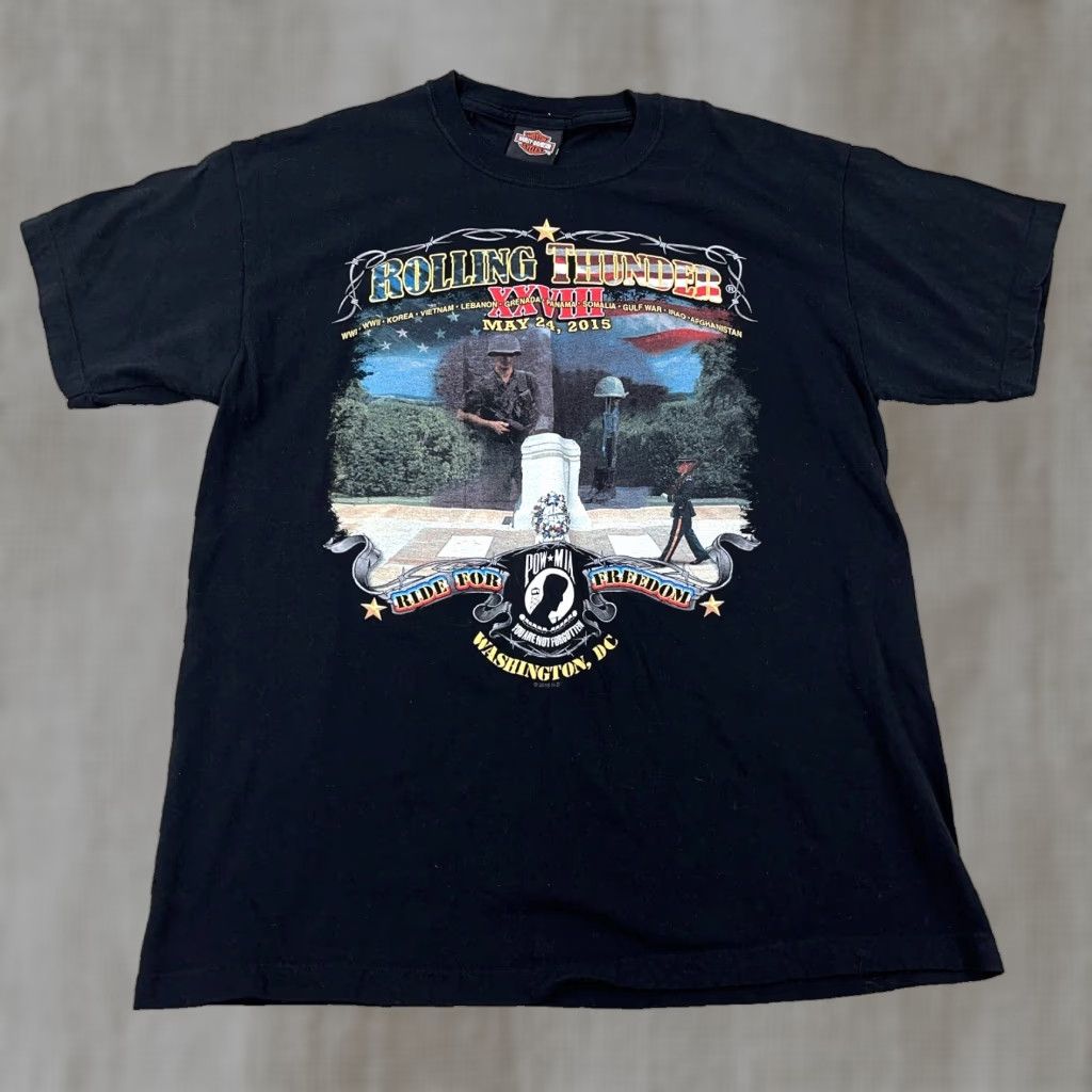 Harley Davidson Harley-Davidson Black T-Shirt Men Large Rolling Thunder Ride for Freedom Biker 80s Retro Motorcycle Logo Size US L / EU 52-54 / 3 - 1 Thumbnail