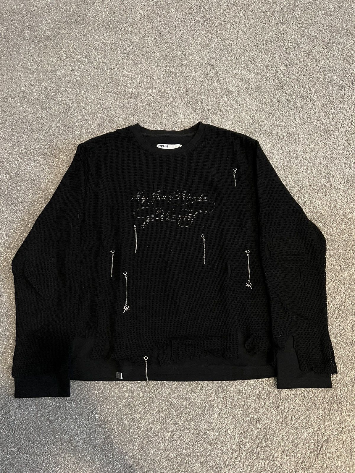 image of C2H4 Distressed Knit Mesh Layered Long Sleeve in Black, Men's (Size Medium)
