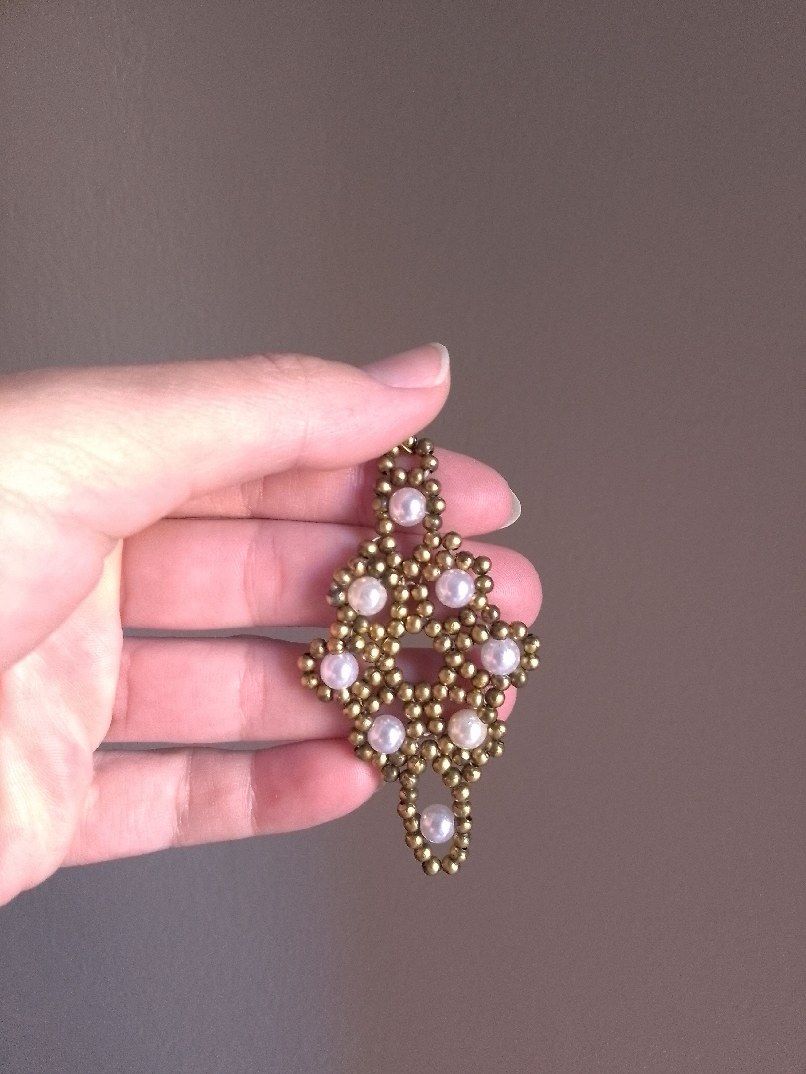 Handmade Earrings Vintage Antique Brass Pearls Long Flower Shape Size ONE SIZE - 2 Thumbnail