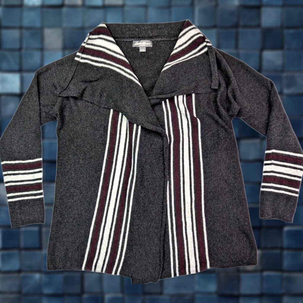 Eddie Bauer Eddie Bauer Cardigan Women's L Gray Striped Knit Open Pockets V-Neck Fall Winter Classic Knit Sweater Size L / US 10 / IT 46 - 1 Thumbnail