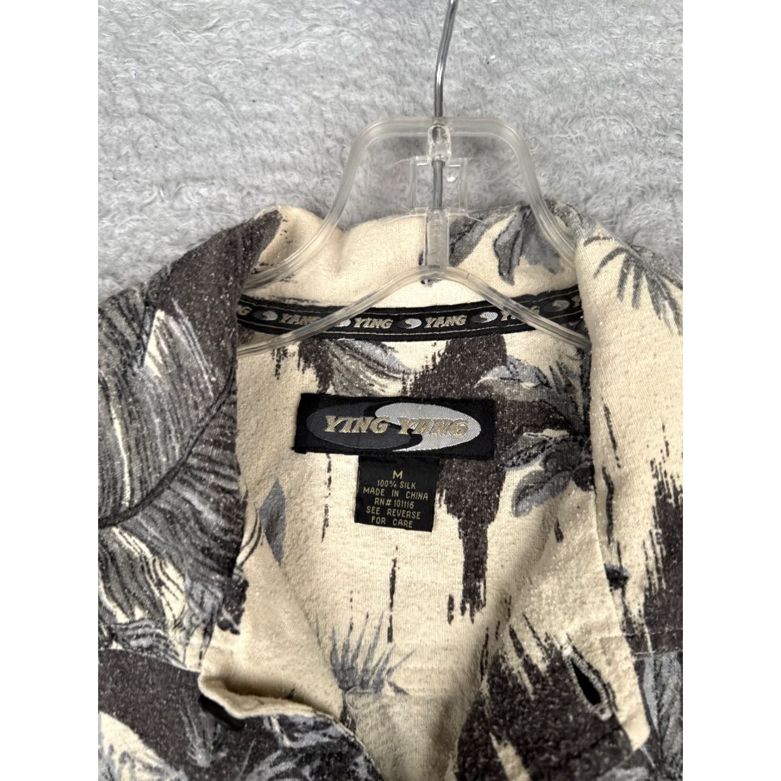 Vintage Ying Yang Men Silk Button-Up Shirt M Black Floral Palm Leaf 100% Silk Hawaiian Beach Resort Aloha Luau Vacation Summer 90s? Wait no. Size US M / EU 48-50 / 2 - 7 Thumbnail