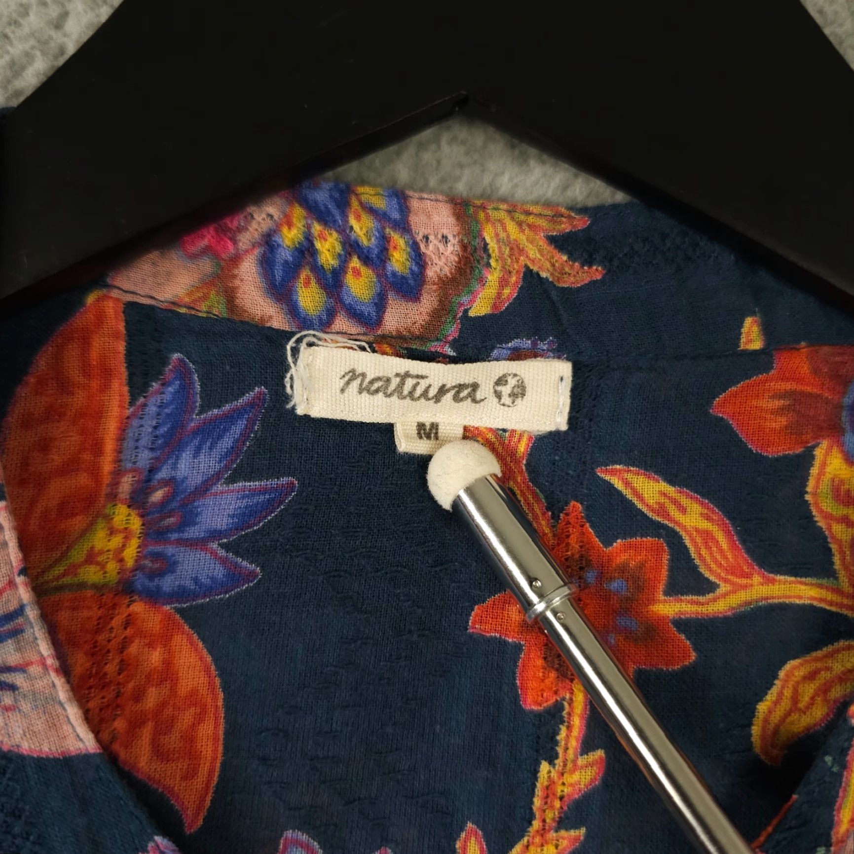 Vintage Natura Shirt Womens Medium Blue Orange Floral Button-Up Semi Sheer Textured Top Size M / US 6-8 / IT 42-44 - 3 Thumbnail