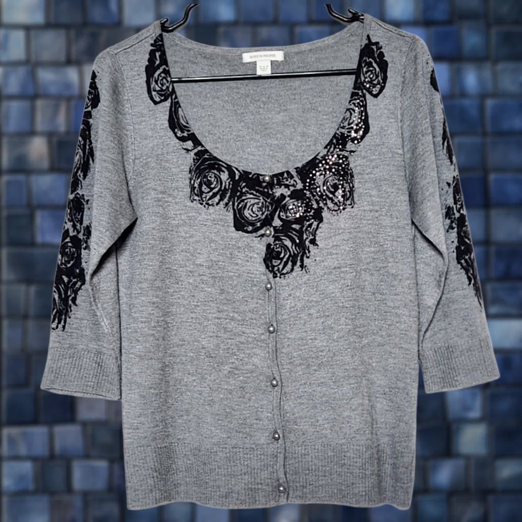 Boston Proper Boston Proper Womens Cardigan Sweater 3/4 Sleeve Rhinestone Floral Gray M Size M / US 6-8 / IT 42-44 - 1 Thumbnail