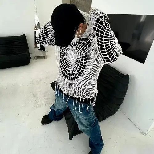 Designer Y2K Spider Web with Holes Hooded Pullover Knitted Sweater Size US M / EU 48-50 / 2 - 3 Thumbnail