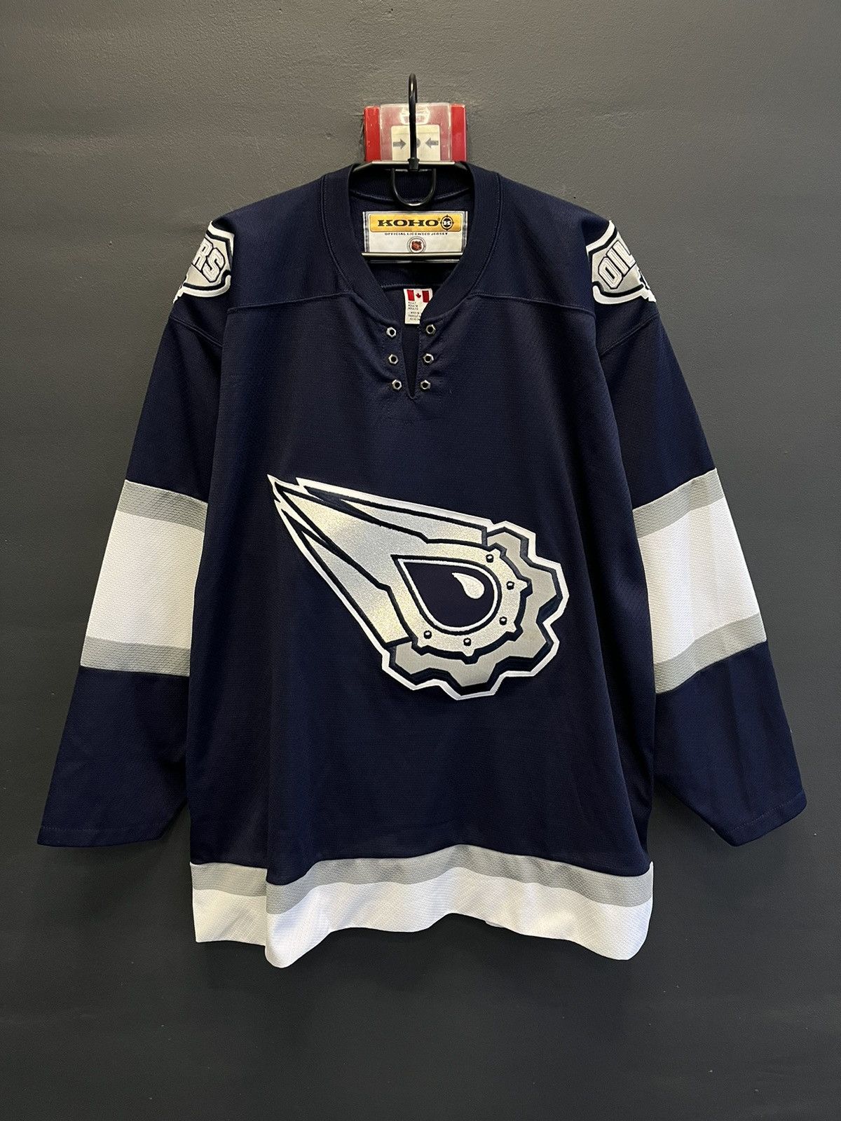 image of Vintage 90's Koho Edmonton Oliers Hockey Jersey Made Kanada in Navy Blue, Men's (Size XL)