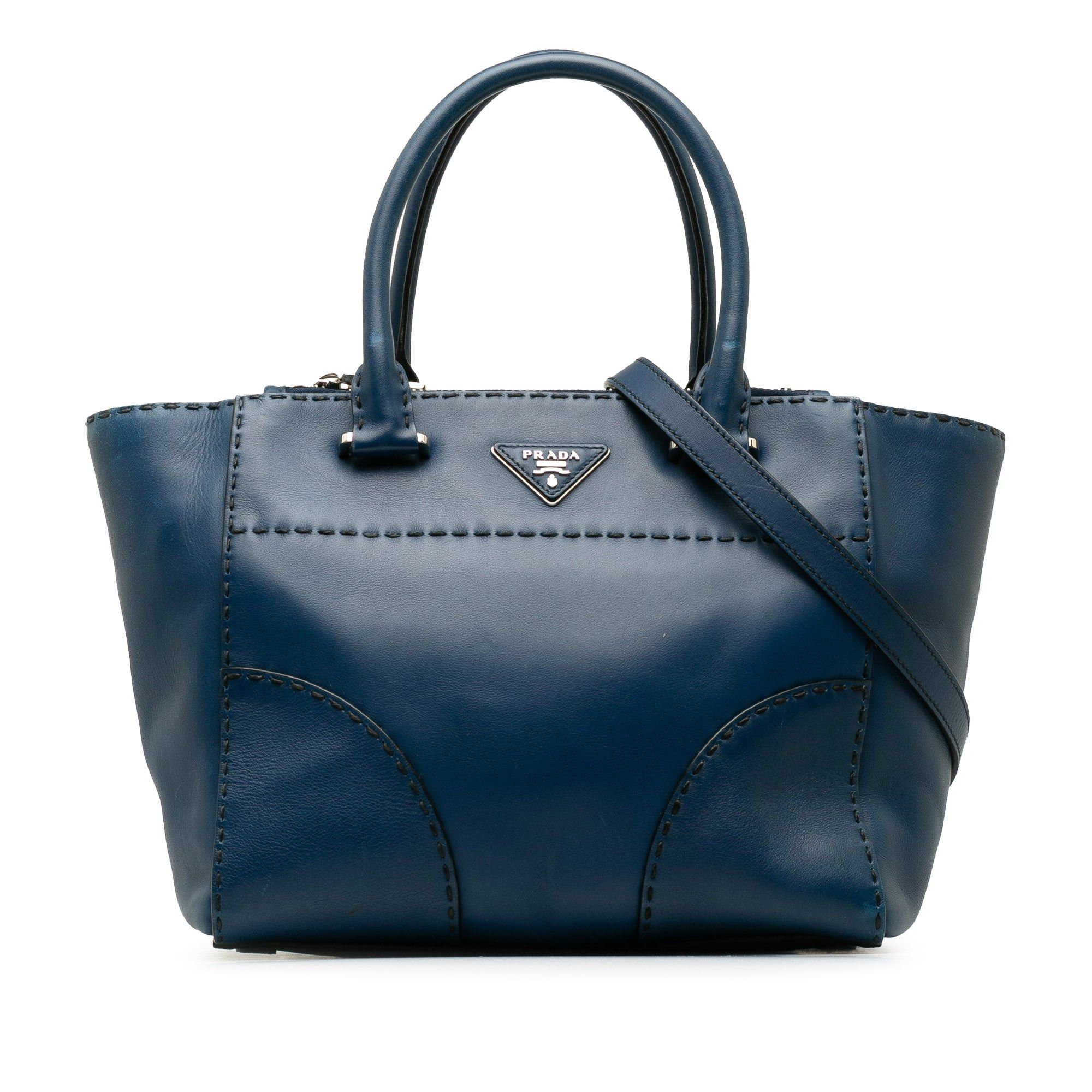image of Prada City Calf Stitched Twin Pocket Satchel in Blue, Women's
