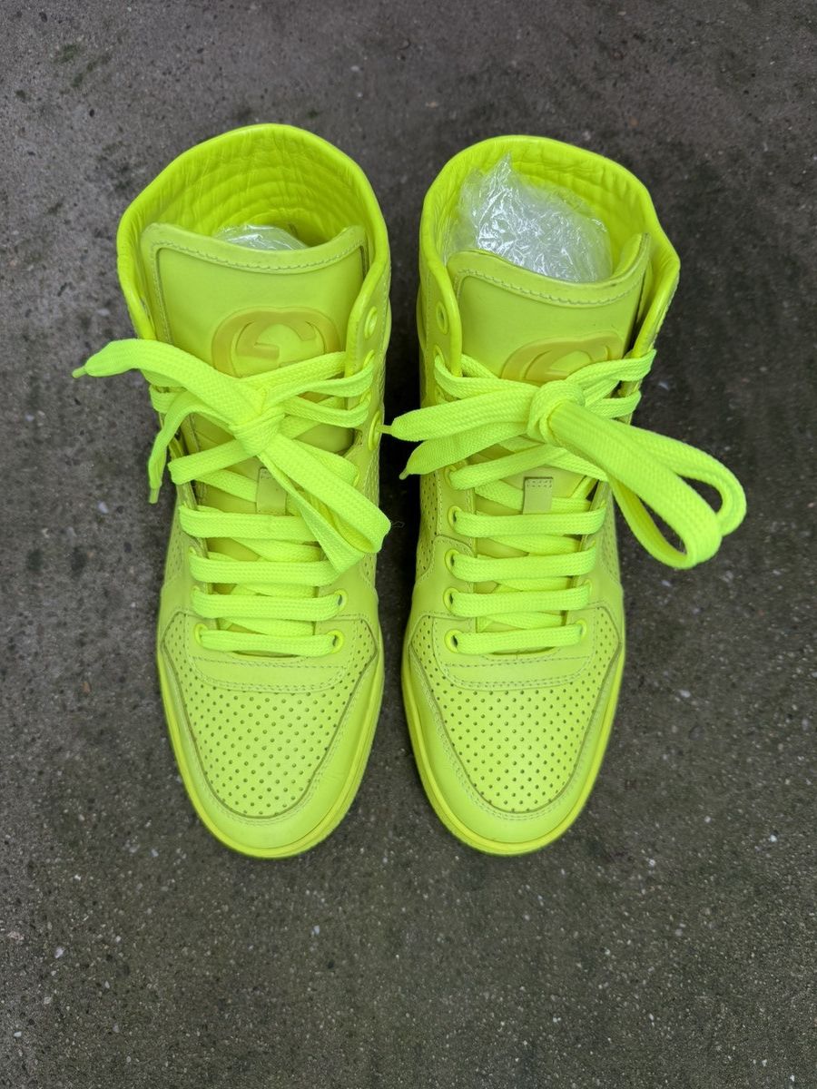 Gucci ✨Gucci✨ Neon Green Perforated Leather High Top Sneakers Size US 6.5 / IT 36.5 - 2 Thumbnail