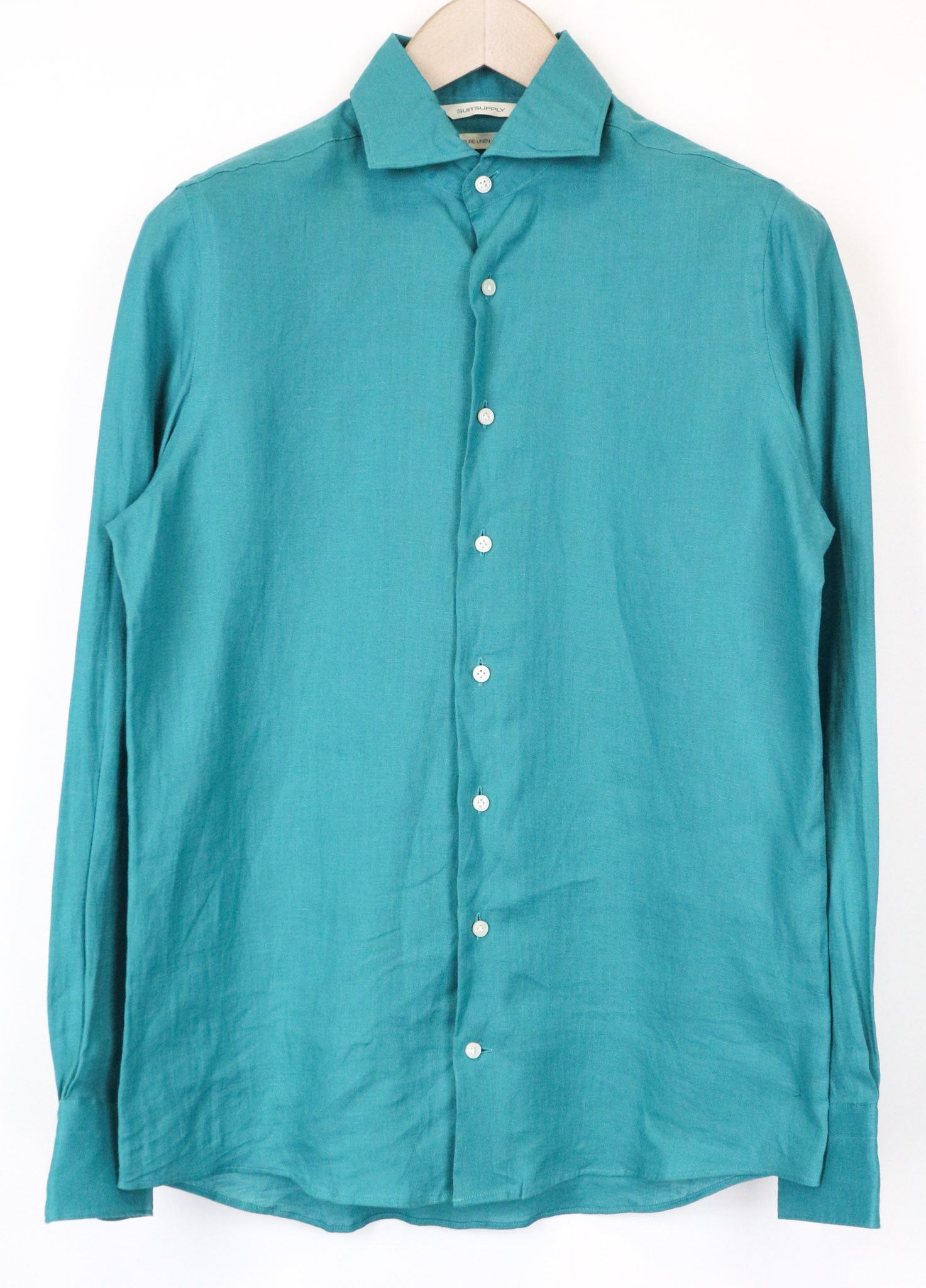Suitsupply 37/38/14 1/2/15 Slim Linen Aqua Blue Long Sleeve 77294 Size 36R - 1 Thumbnail