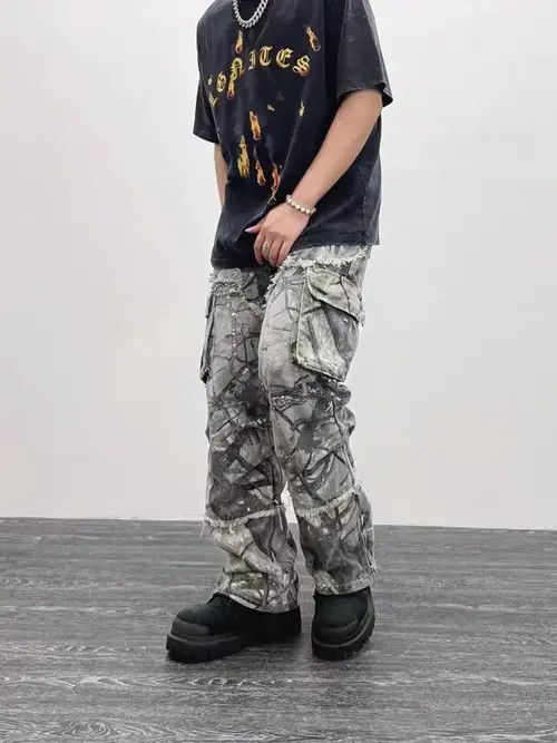 Jean Retro camouflage irregular raw edge work jeans Size US 30 / EU 46 - 4 Thumbnail