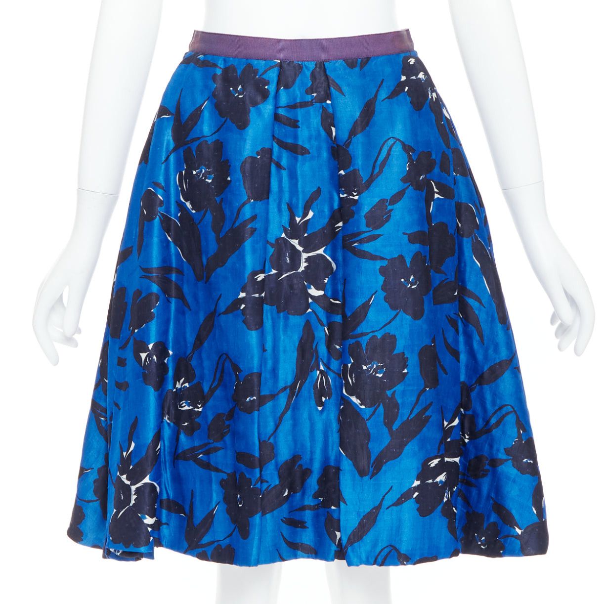Oscar De La Renta OSCAR DE LA RENTA S07 blue black silk cotton floral print full midi skirt US2 S Size 27" / US 4 / IT 40 - 1 Thumbnail