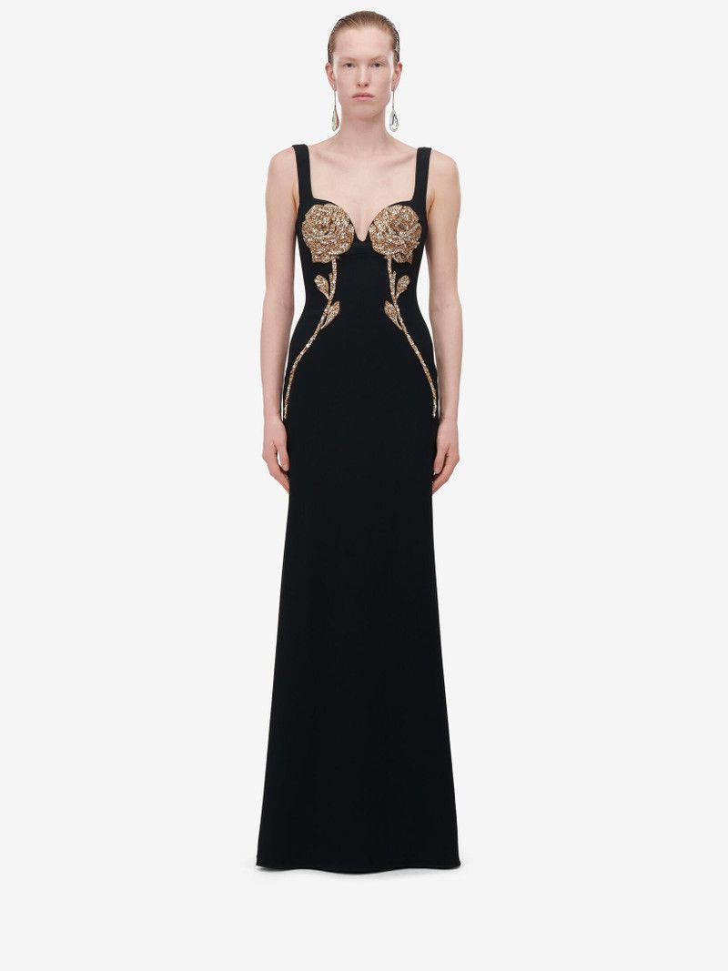 Alexander McQueen o1srvl11e0326 Rose Embroidery Evening Dress in Black Size XL / US 12-14 / IT 48-50 - 2 Thumbnail