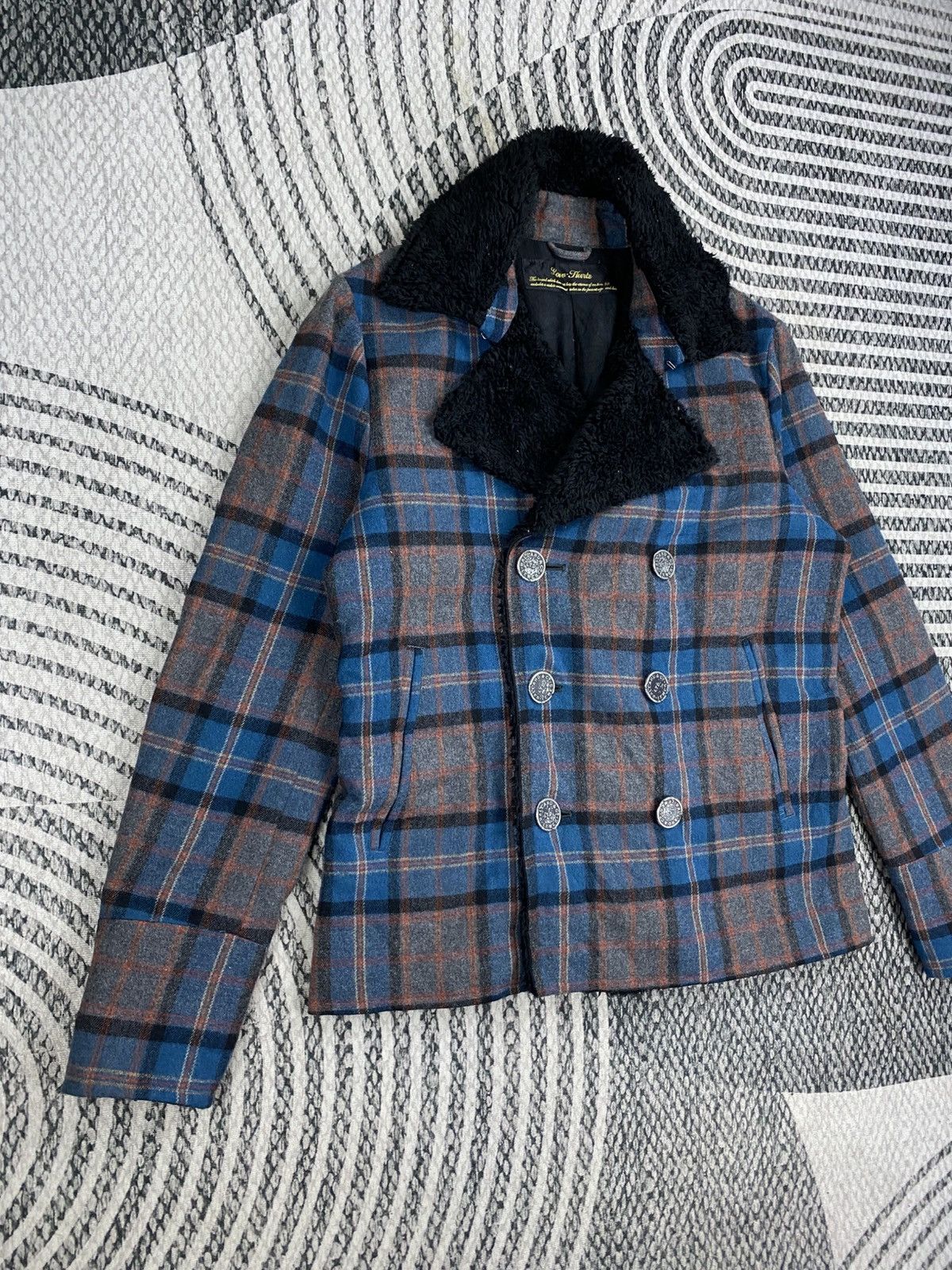Japanese Brand Vtg Low Hurtz Blue & Grey Wool Plaid Sherpa Collar Jacket Size US M / EU 48-50 / 2 - 3 Thumbnail