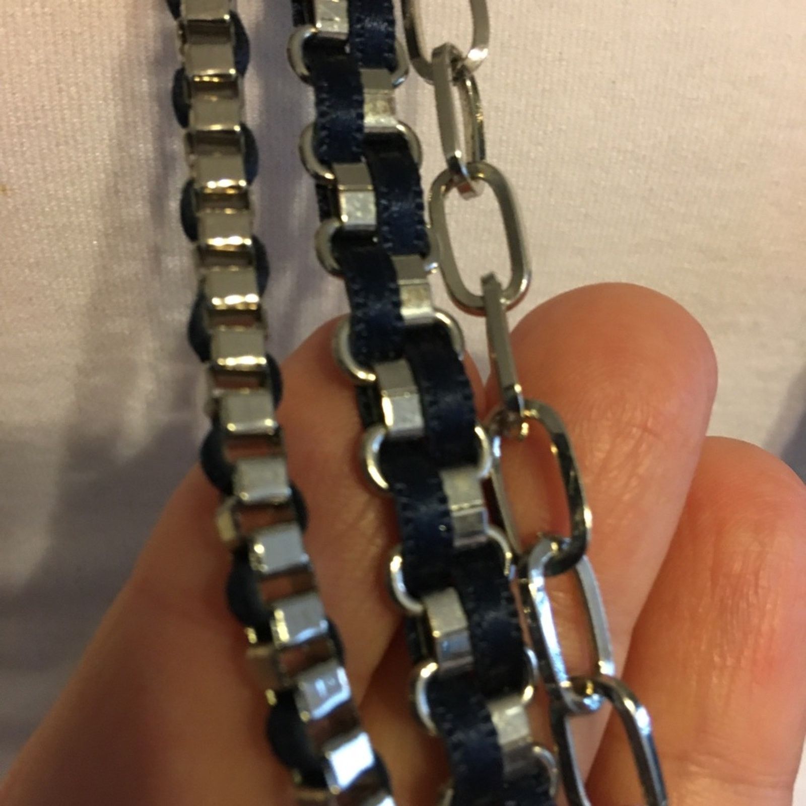 Jewelry Silver box link chain woven navy ribbon necklace Size ONE SIZE - 4 Thumbnail