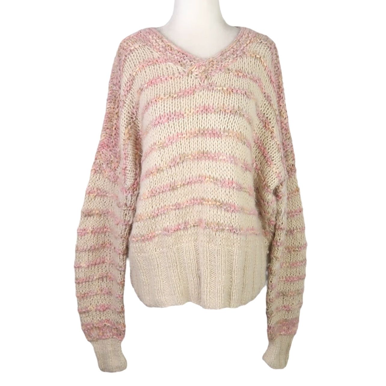 Vintage VINTAGE angora blend handknit sweater Pullover V-Neck Women L Tan Pink Striped Long Sleeve Pattern Casual 90s? Size L / US 10 / IT 46 - 2 Thumbnail