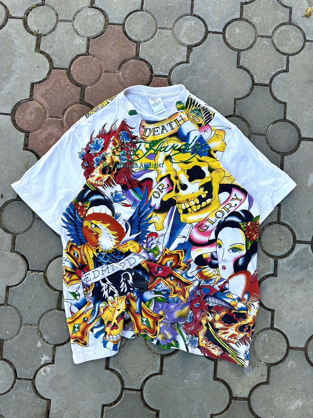 Vintage Ed Hardy All Over Print Japanese Skull Tee Shirt