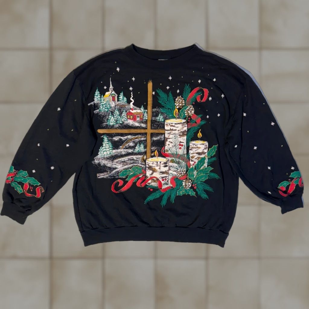 Vintage Vintage Holiday Time Christmas Cabin Candle Church Cross Sweatshirt M Size M / US 6-8 / IT 42-44 - 1 Thumbnail