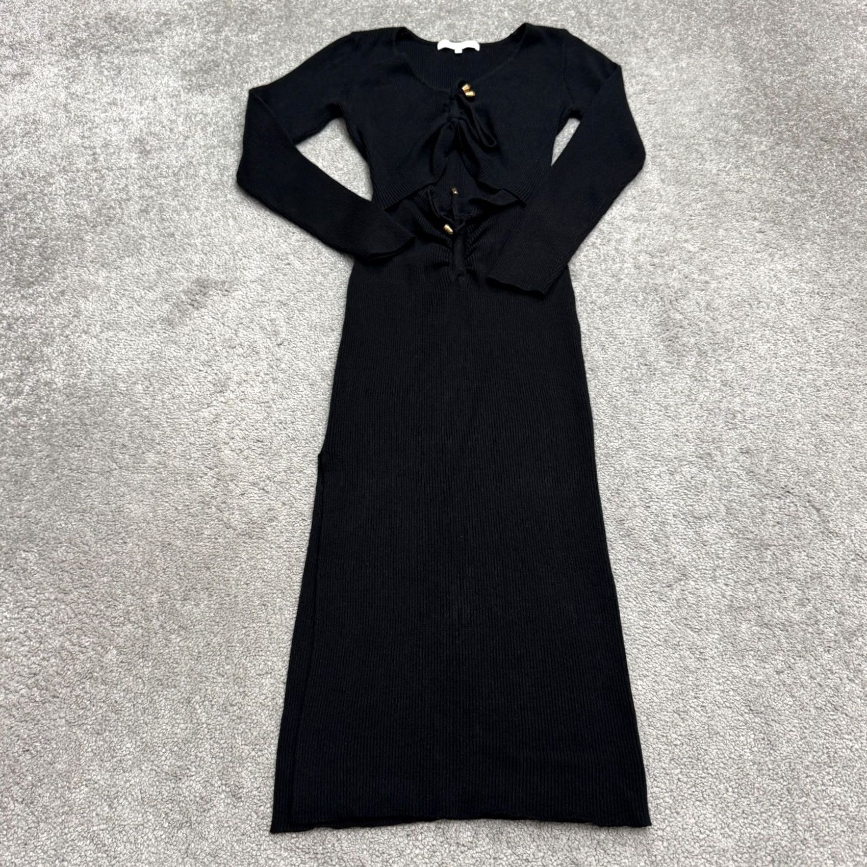 Vintage More To Come Ribbed Knit Cut-Out Midi Bodycon Dress Womens Medium Black Stretch Size M / US 6-8 / IT 42-44 - 2 Thumbnail