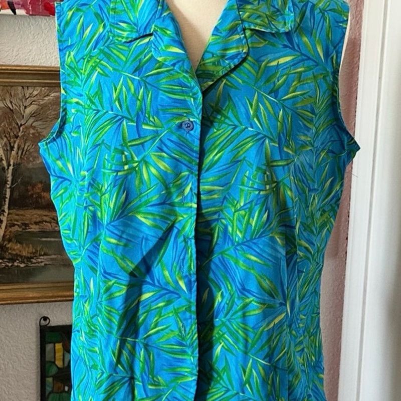 Other notations blue green leaf print button up tank top Size L / US 10 / IT 46 - 3 Thumbnail