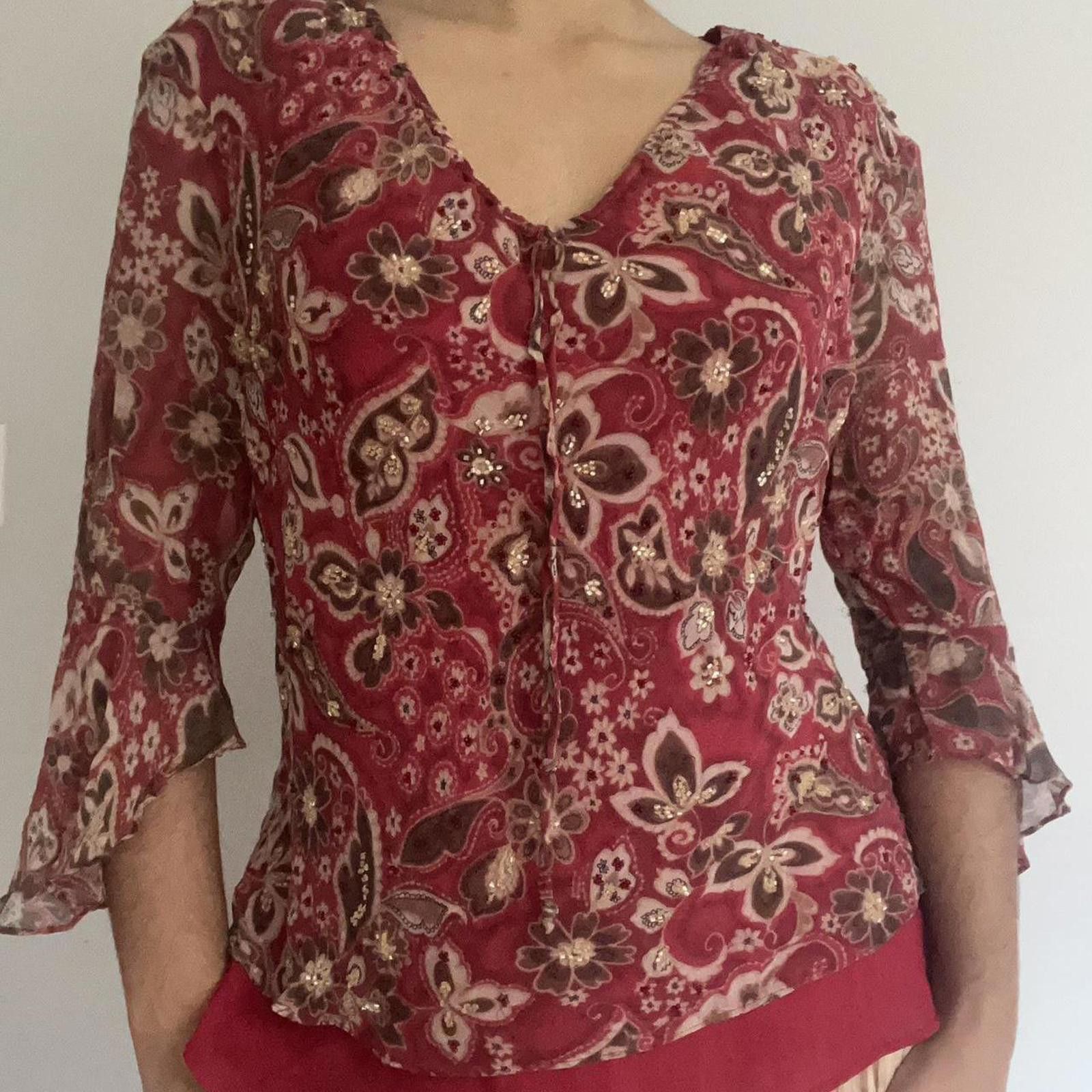 Other Red and brown floral blouse with 3/4 length sleeves Size L / US 10 / IT 46 - 6 Thumbnail