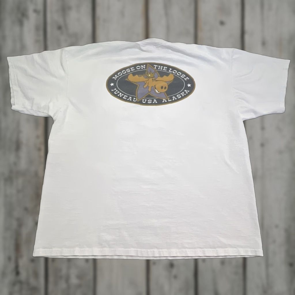 Jerzees VINTAGE Moose On The Loose Juneau T Shirt Men’s 2X Alaska Cotton Jerzees Russell Faded White Graphic Tee Mens 1990s Size US XXL / EU 58 / 5 - 1 Thumbnail
