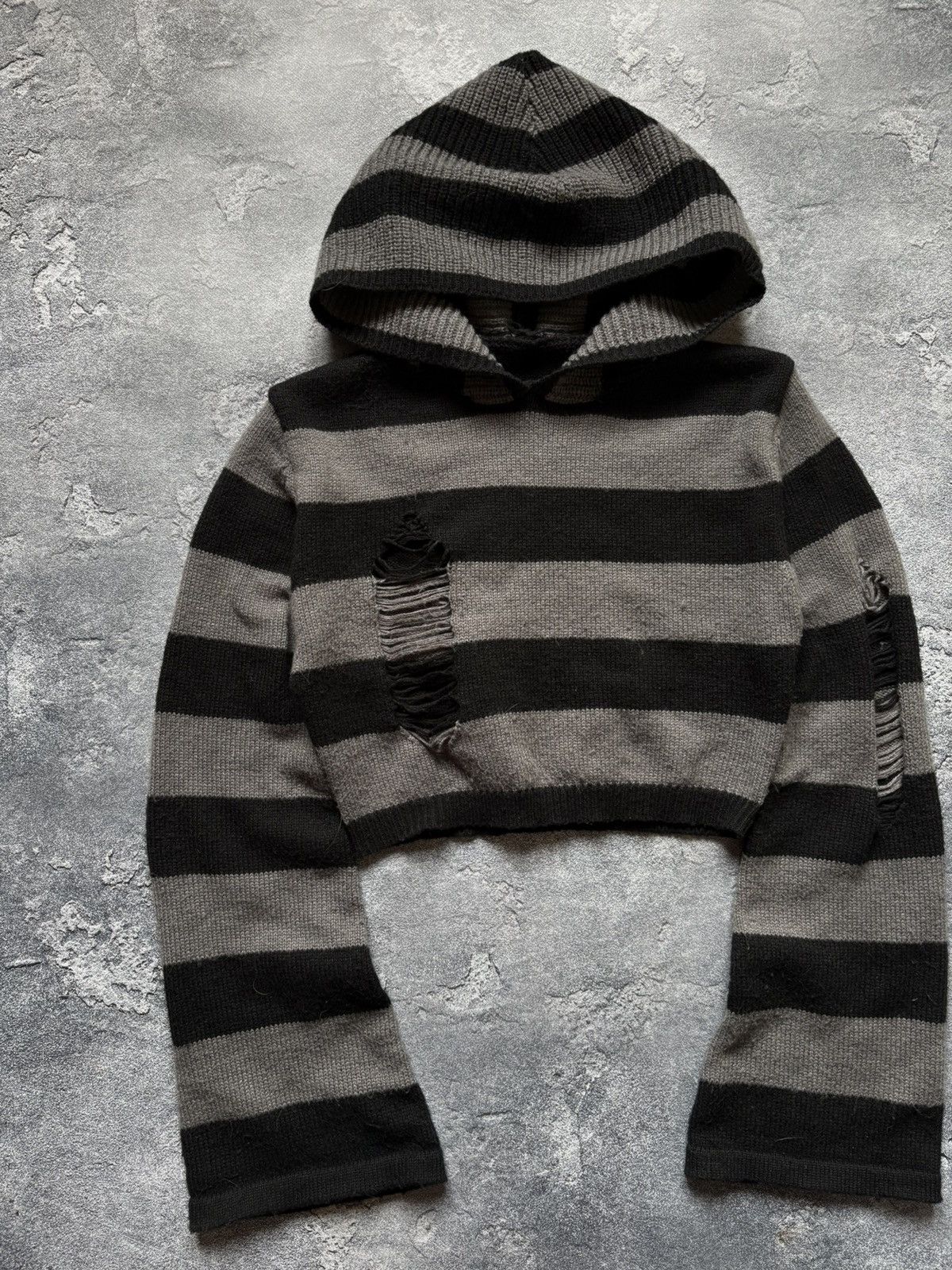 Hysteric Glamour Y2K Striped Distressed Cropped Grunge Knit Sweater Hoodie Size M / US 6-8 / IT 42-44 - 3 Thumbnail