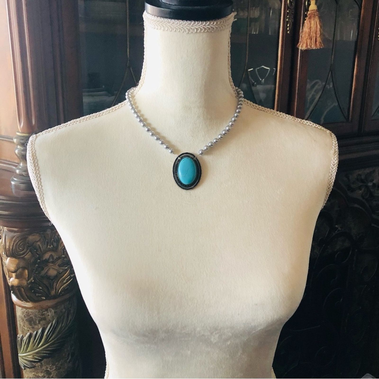 Handmade Handcrafted repurpose oval turquenite pendant Pearl necklace Size ONE SIZE - 5 Thumbnail