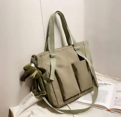 Japanese Brand Green Color Simple Fashion Nylon Canvas Tote Bag Size ONE SIZE - 1 Thumbnail