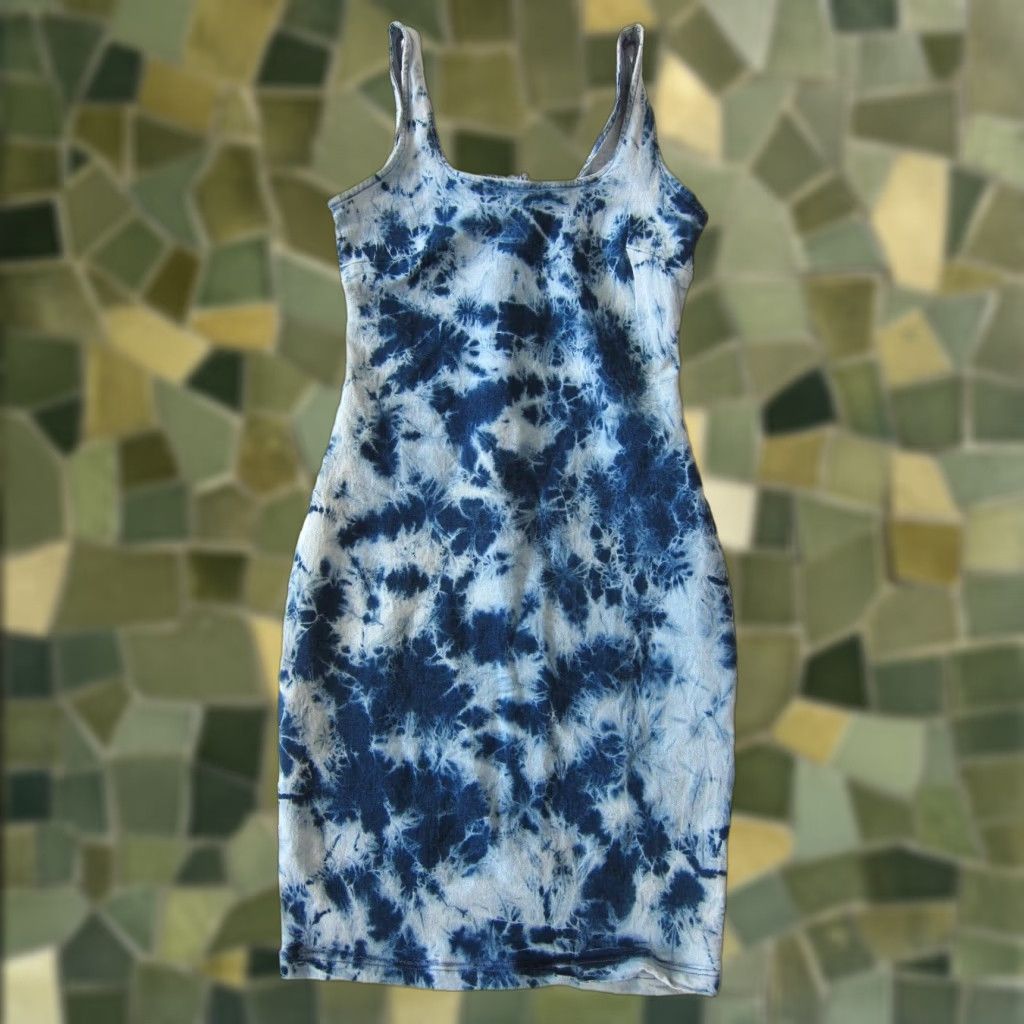 Vintage Derek Heart Blue Tie Dye Cotton Stretch Denim Tank Dress S Size 28" / US 6 / IT 42 - 1 Thumbnail