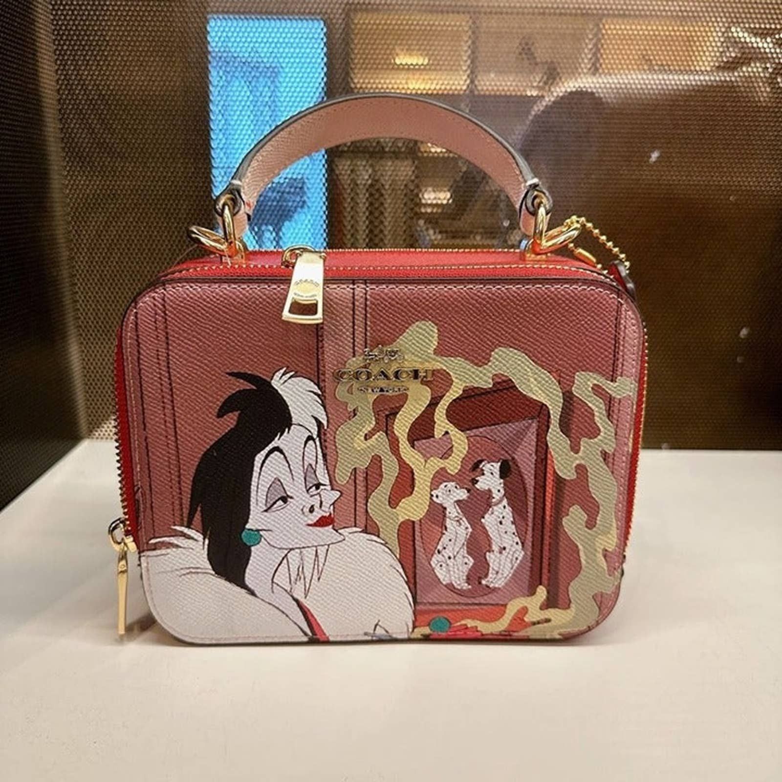 image of Coach Cc377 Disney X Coach Box Crossbody With Cruella Motif in Red, Women's