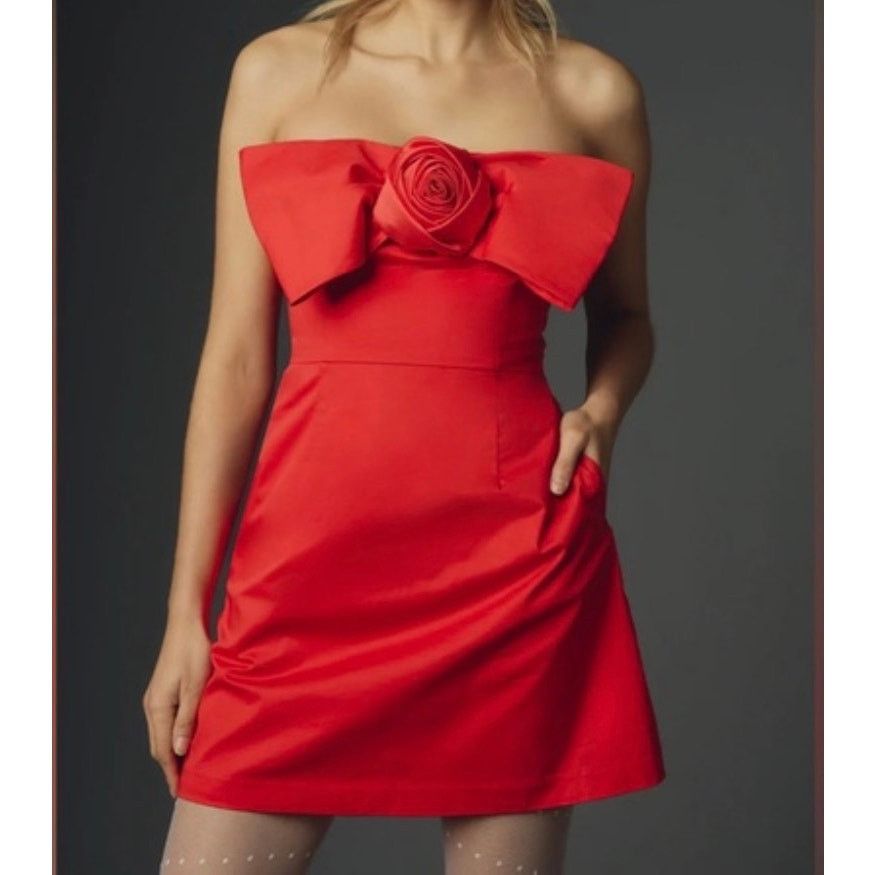Hutch Hutch Strapless Red Mini Dress with Bow & Rose Detail Sz XS Size XS / US 0-2 / IT 36-38 - 1 Thumbnail