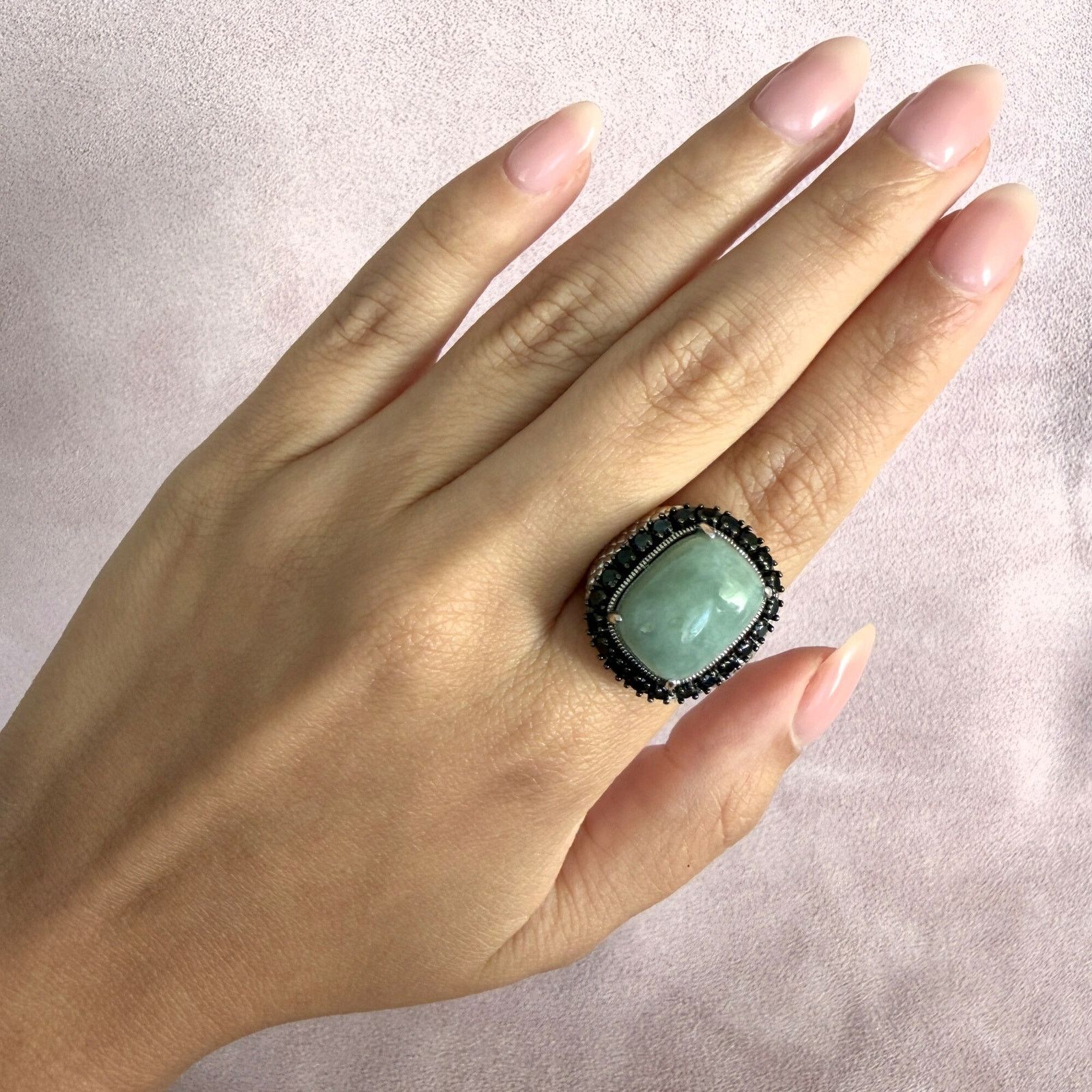 Sterling Silver sterling silver jade & black tourmaline halo ring size 6 Size ONE SIZE - 2 Thumbnail