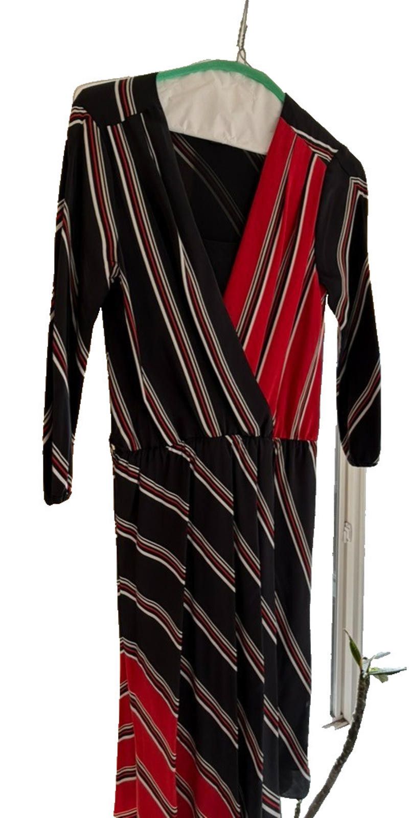 Other WHBM 100% Silk Faux Wrap Dress Red Black Stripe Long Sleeve Size S / US 4 / IT 40 - 6 Thumbnail