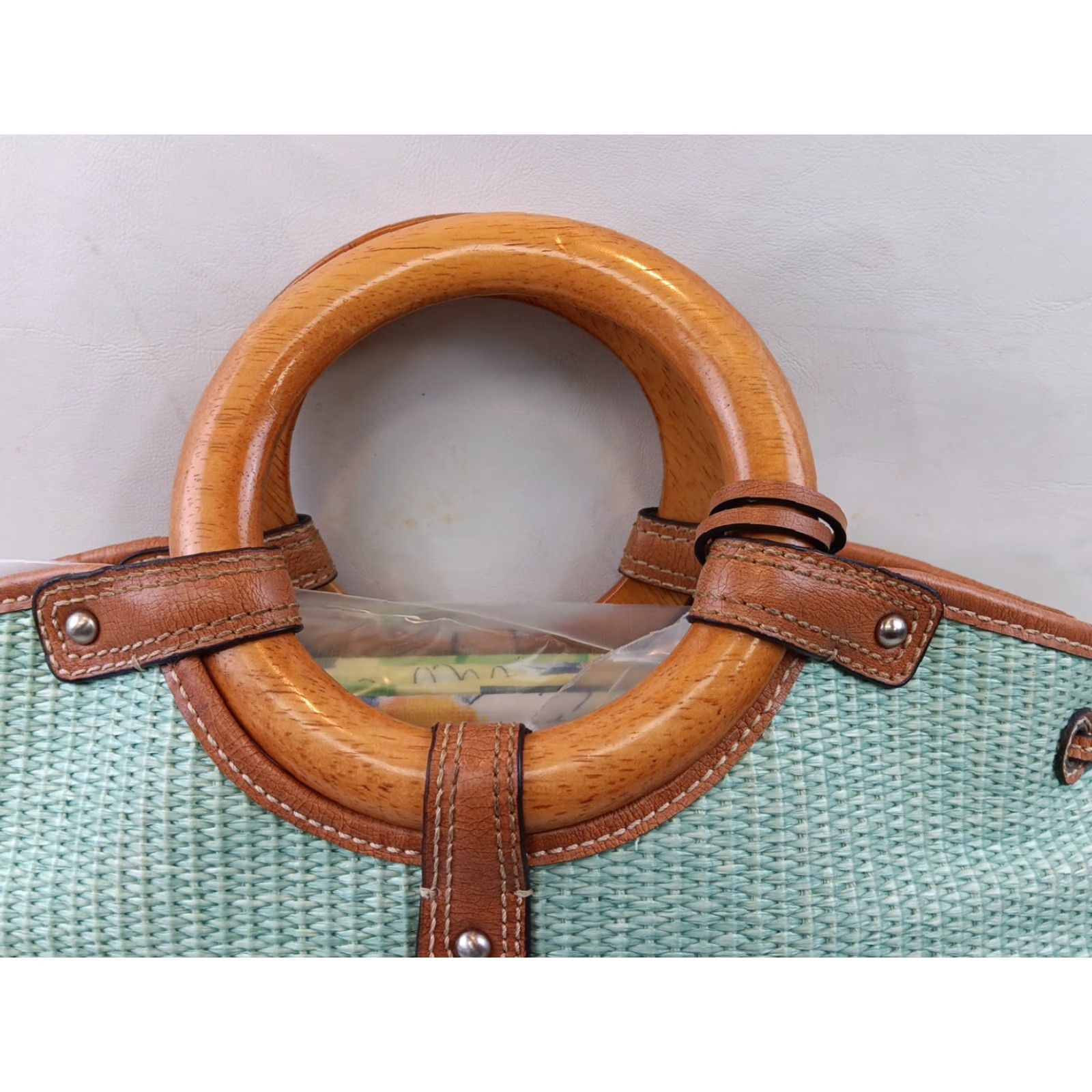 Fossil Fossil Wicker Woven Handbag Satchel Seafoam Green Leather Trim Wooden Handles Size ONE SIZE - 6 Thumbnail