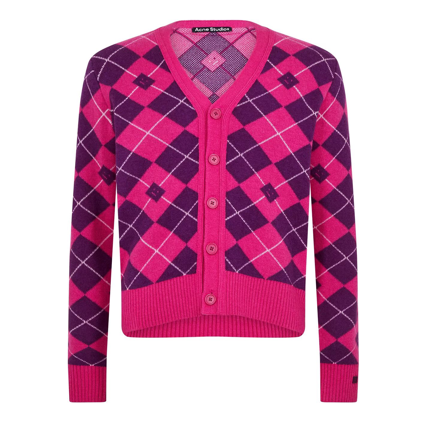 Acne Studios o1g2r1mq0825 Argyle Jacquard Cardigan in Pink/Purple Size US L / EU 52-54 / 3 - 1 Thumbnail