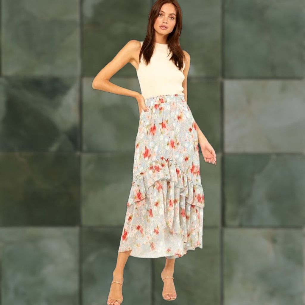 MISA Los Angeles MISA LOS ANGELES Skirt Women Midi Chiffon Floral Blue Ruffle Asymmetrical M Multicolor Size 32" / US 10 / IT 46 - 1 Thumbnail