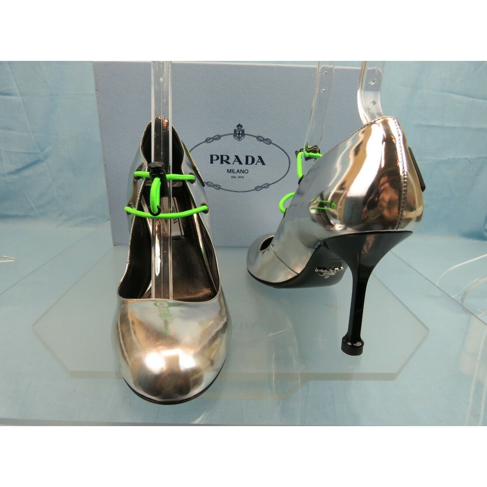 Prada 1I127L SILVER PATENT LEATHER LOGO D'ORSAY HEELS PUMPS 37.5 Size US 7.5 / IT 37.5 - 3 Thumbnail