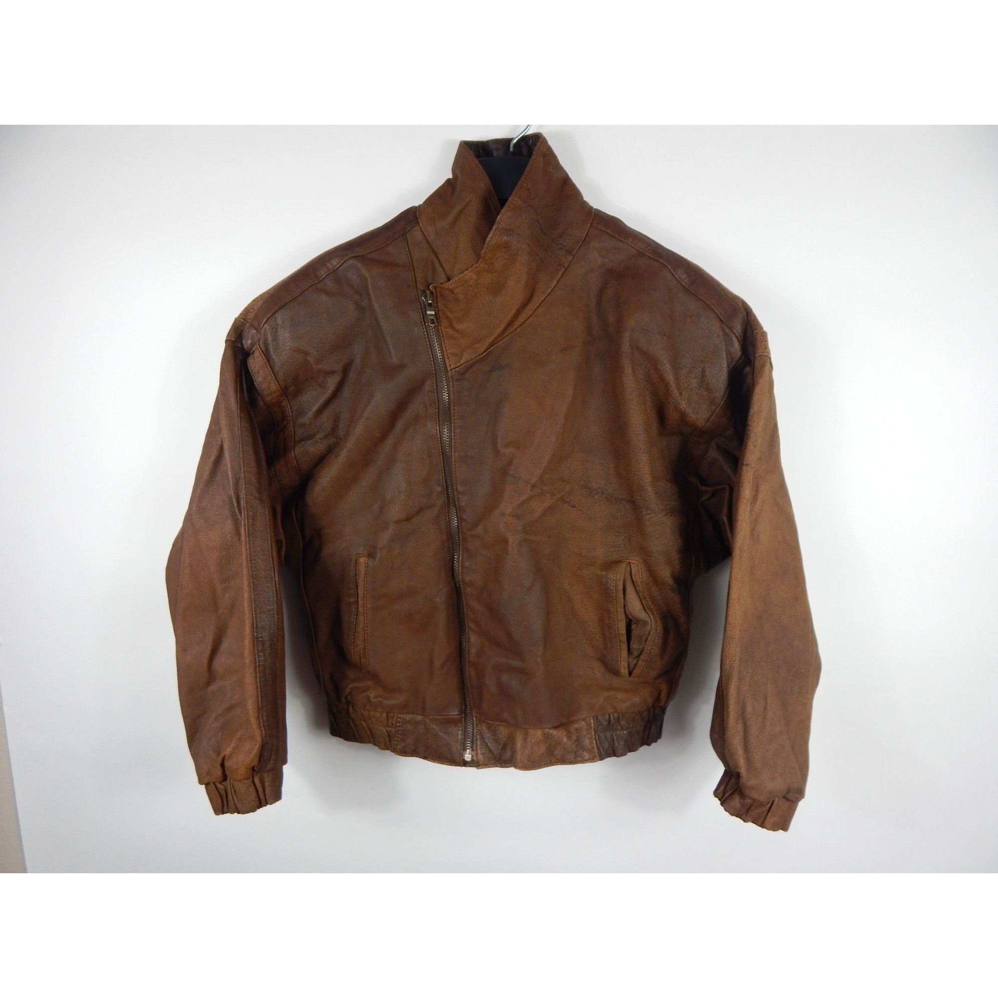 Vintage Midway Diagonal Full Zip Leather Biker Jacket Brown
